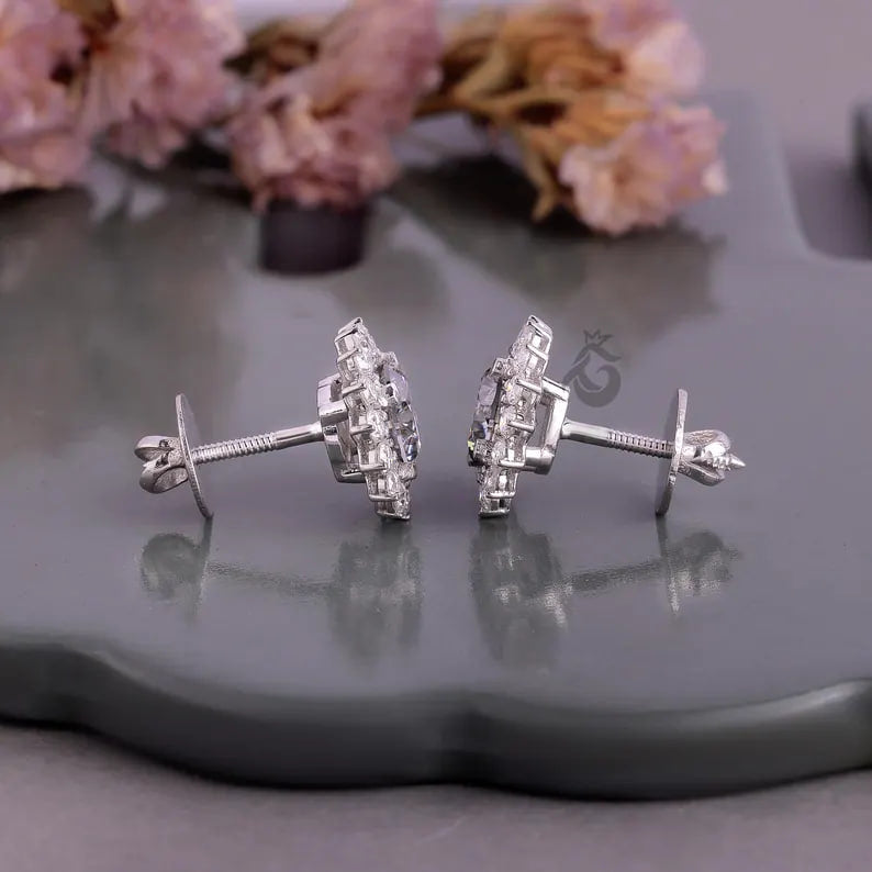 Round Grey Moissanite Floral Halo Stud Earrings – Screw Back Wedding Earrings for Her