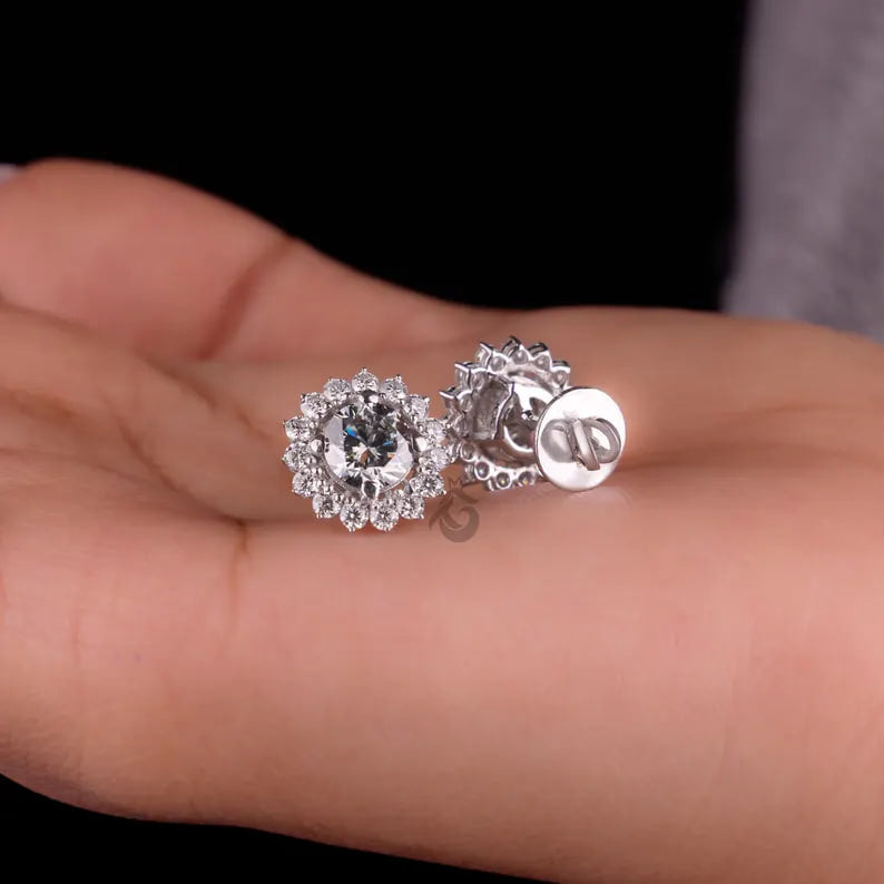 Round Grey Moissanite Floral Halo Stud Earrings – Screw Back Wedding Earrings for Her
