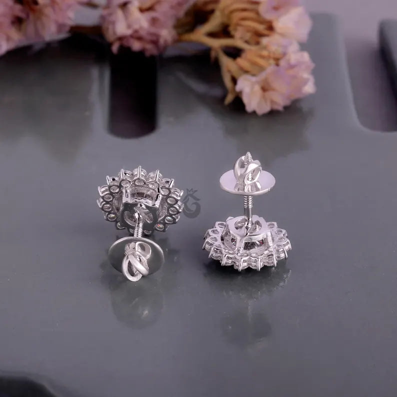 Round Grey Moissanite Floral Halo Stud Earrings – Screw Back Wedding Earrings for Her