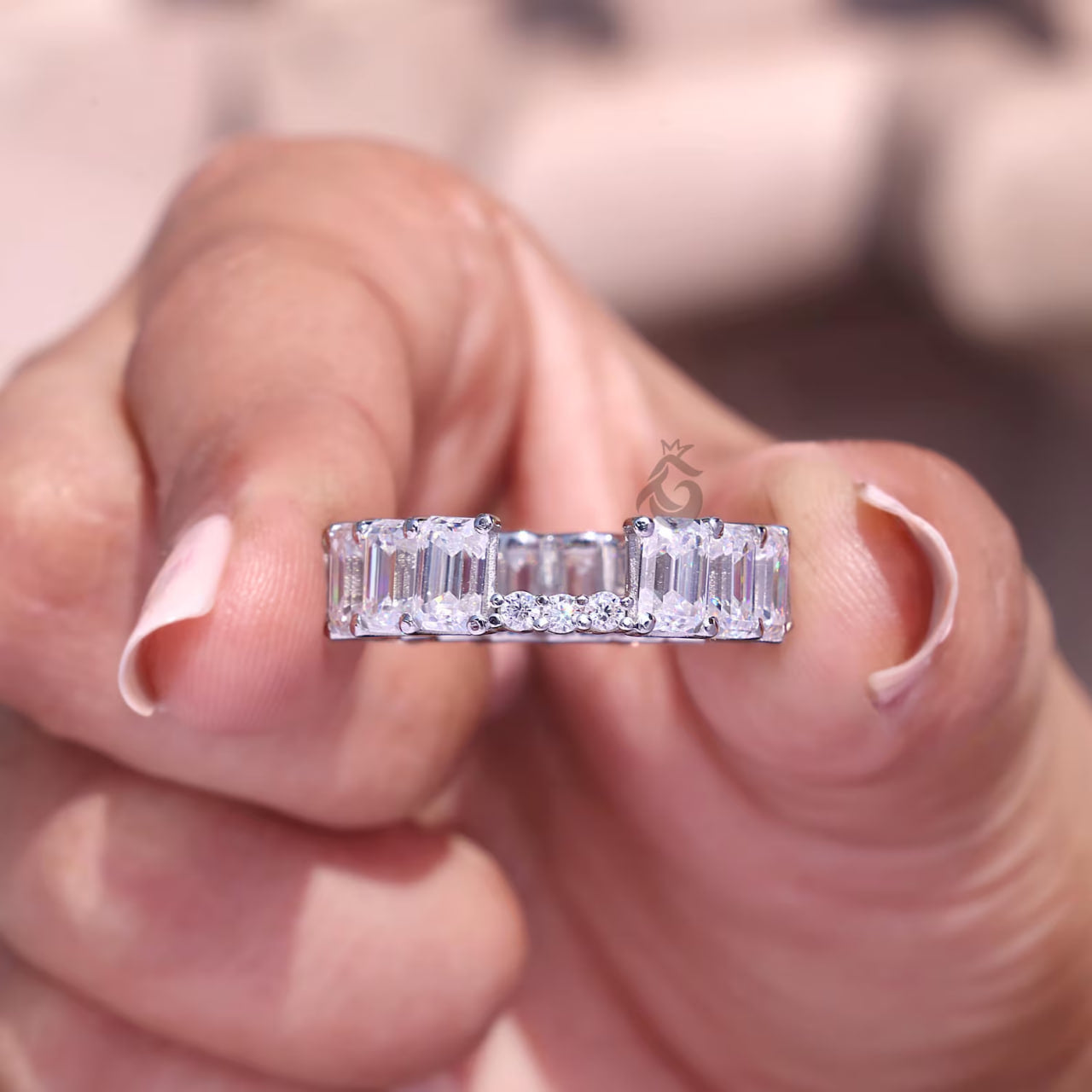 7x5MM Emerald Cut Moissanite Full Eternity Wedding Band, U-Prong Stackable Matching Ring