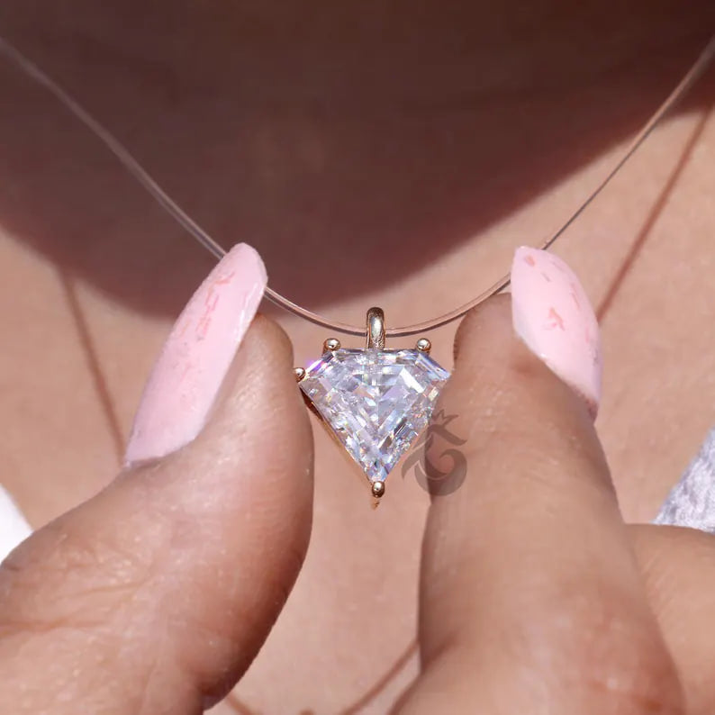 3.20 CT Unique Cut Moissanite Solitaire Pendant, 18K Yellow Gold Invisible Necklace in All Lengths