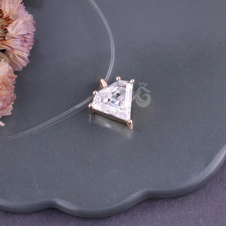 3.20 CT Unique Cut Moissanite Solitaire Pendant, 18K Yellow Gold Invisible Necklace in All Lengths