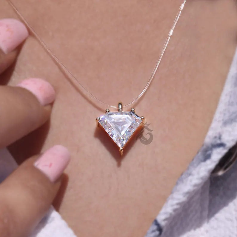 3.20 CT Unique Cut Moissanite Solitaire Pendant, 18K Yellow Gold Invisible Necklace in All Lengths