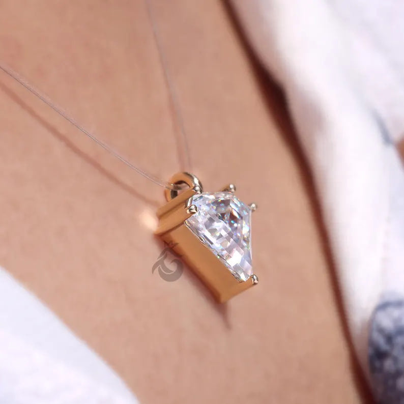 3.20 CT Unique Cut Moissanite Solitaire Pendant, 18K Yellow Gold Invisible Necklace in All Lengths
