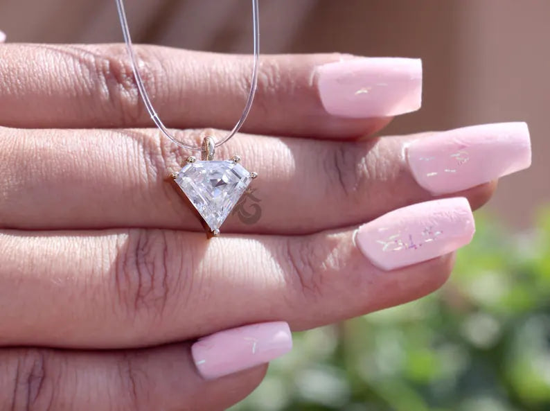 3.20 CT Unique Cut Moissanite Solitaire Pendant, 18K Yellow Gold Invisible Necklace in All Lengths