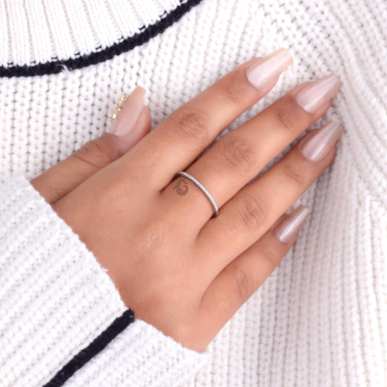 1.20MM Lab Diamond Half Eternity Band, 14K White Gold Dainty Ring