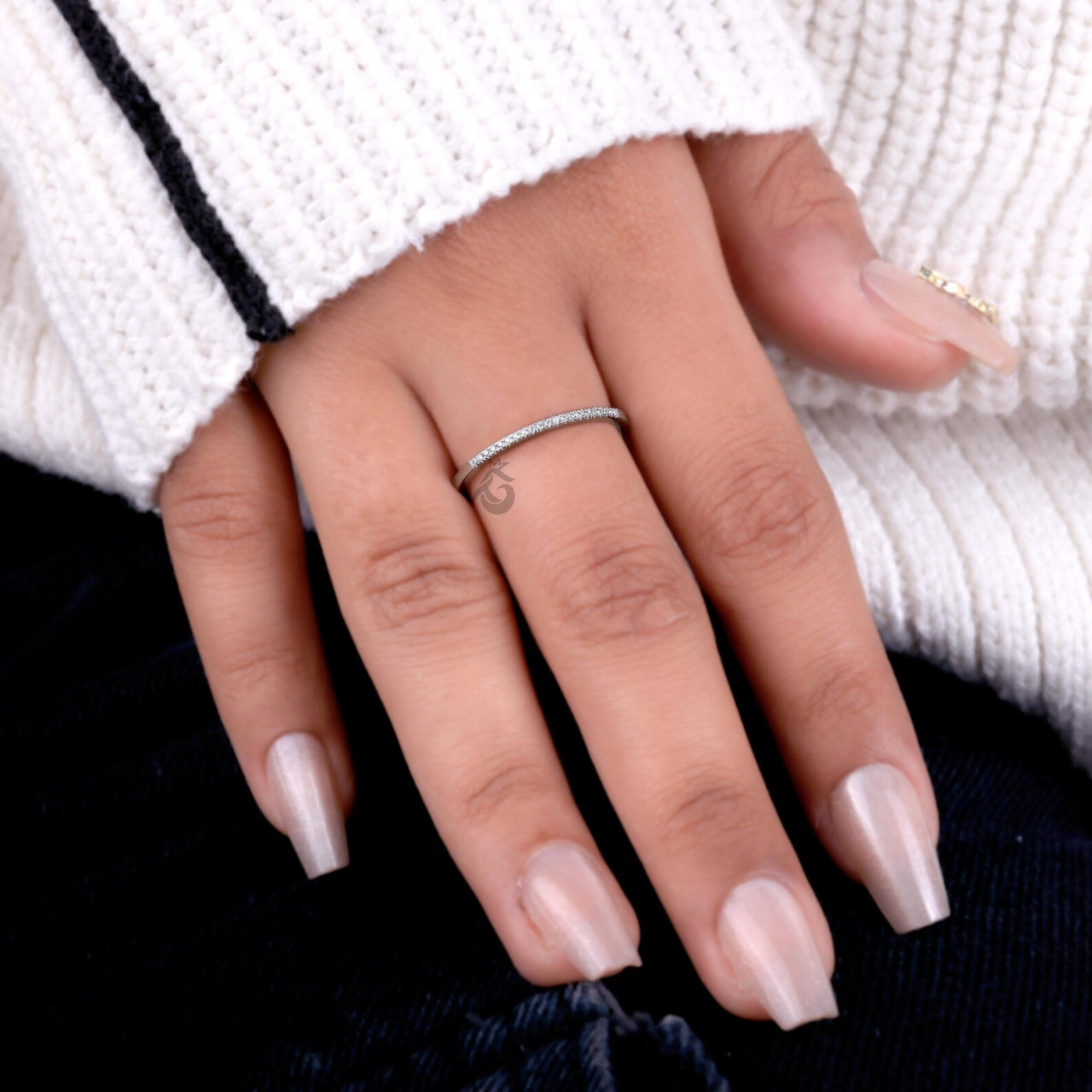 1.20MM Lab Diamond Half Eternity Band, 14K White Gold Dainty Ring