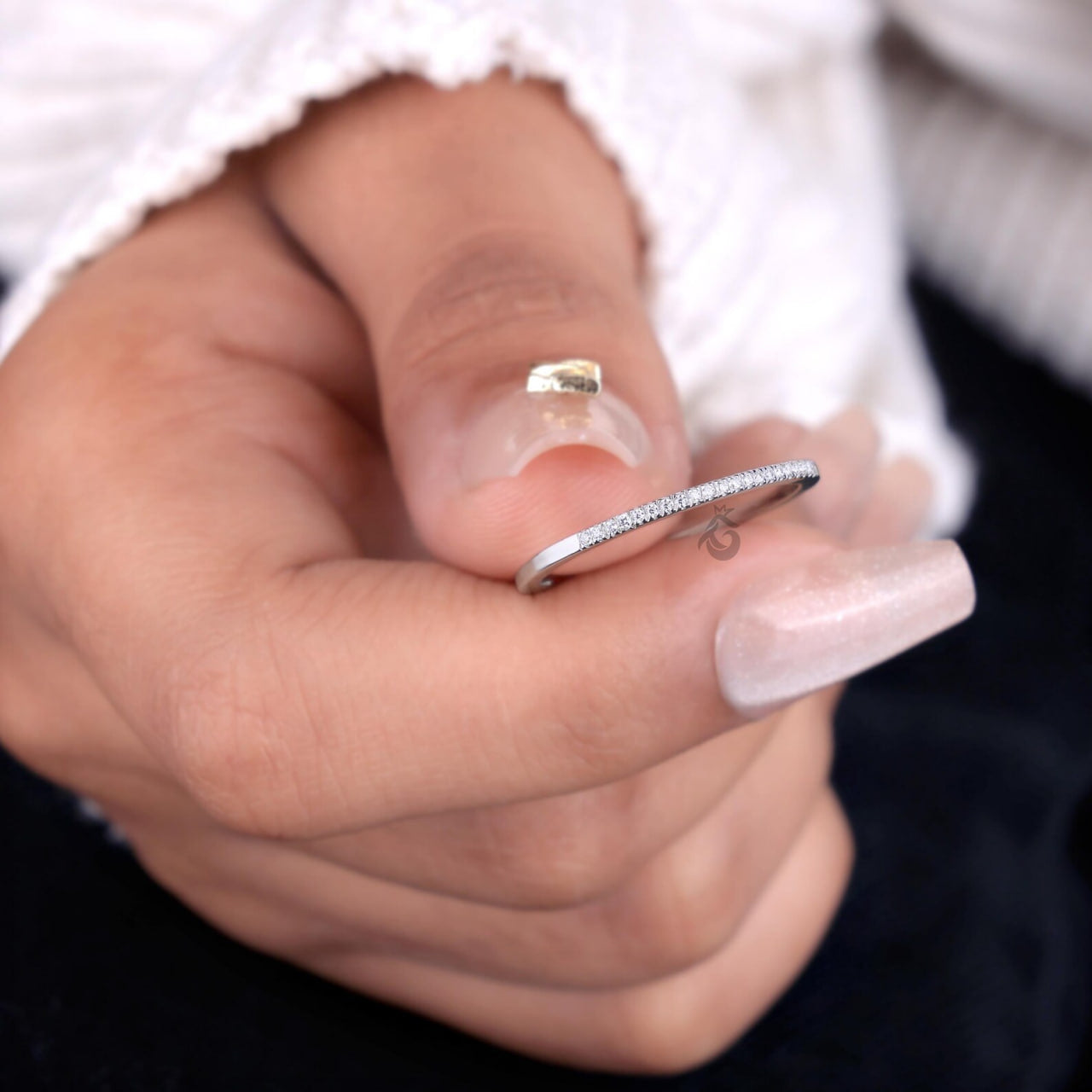 1.20MM Lab Diamond Half Eternity Band, 14K White Gold Dainty Ring