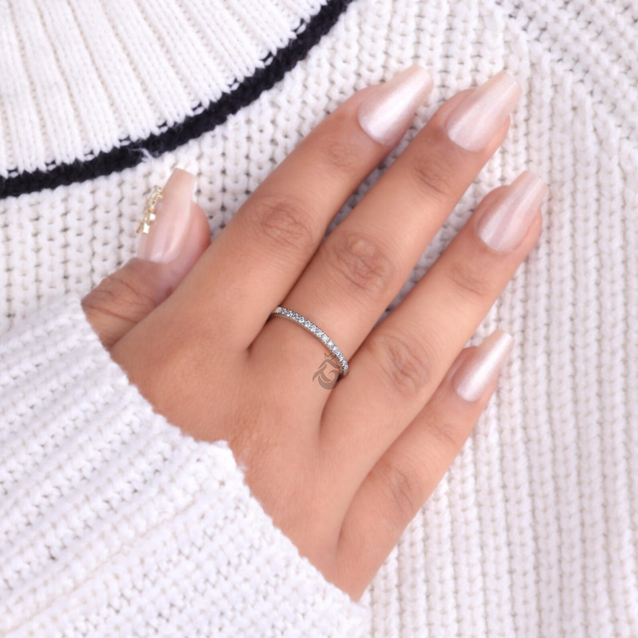 14K White Gold Lab Diamond Half Eternity Band, Dainty Stackable Ring