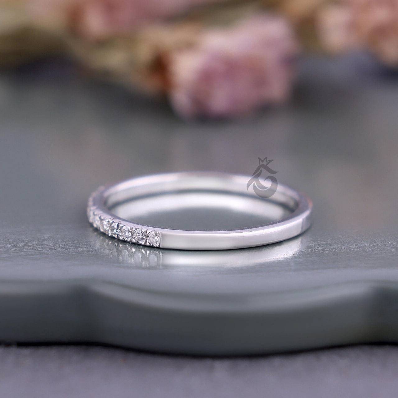 14K White Gold Lab Diamond Half Eternity Band, Dainty Stackable Ring