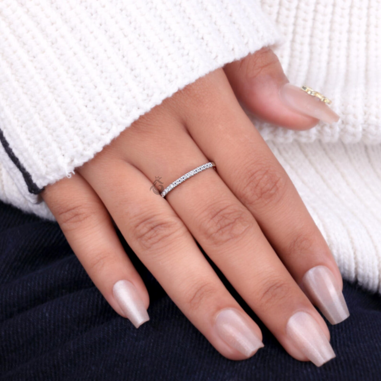 14K White Gold Lab Diamond Half Eternity Band, Dainty Stackable Ring