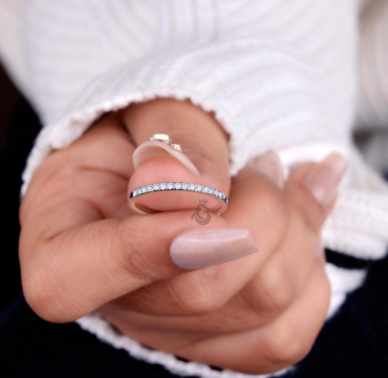 14K White Gold Lab Diamond Half Eternity Band, Dainty Stackable Ring