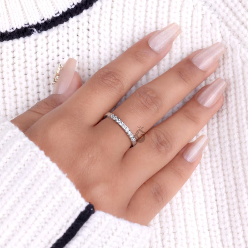 2MM Lab Diamond Half Eternity Band, Dainty Stacking Ring for Women