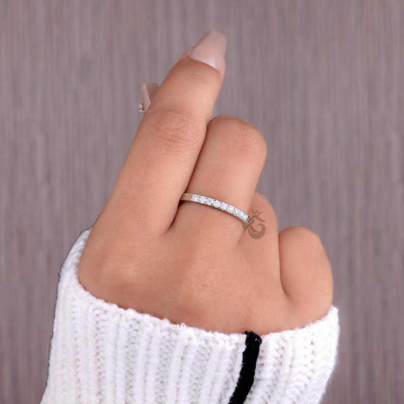 2MM Lab Diamond Half Eternity Band, Dainty Stacking Ring for Women
