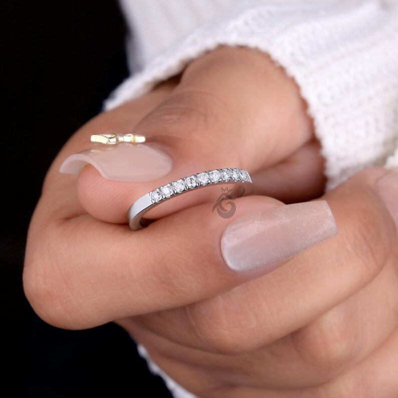 2MM Lab Diamond Half Eternity Band, Dainty Stacking Ring for Women