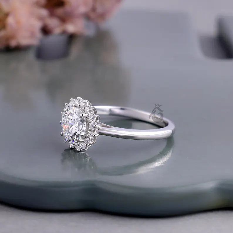 Sunburst Halo Lab Diamond Ring, 1.03 CT Cluster Engagement Ring for Women