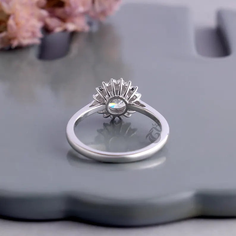 Sunburst Halo Lab Diamond Ring, 1.03 CT Cluster Engagement Ring for Women