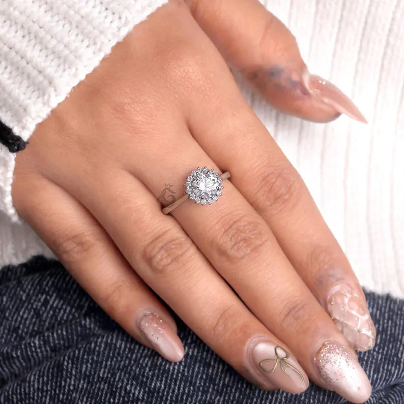 Sunburst Halo Lab Diamond Ring, 1.03 CT Cluster Engagement Ring for Women