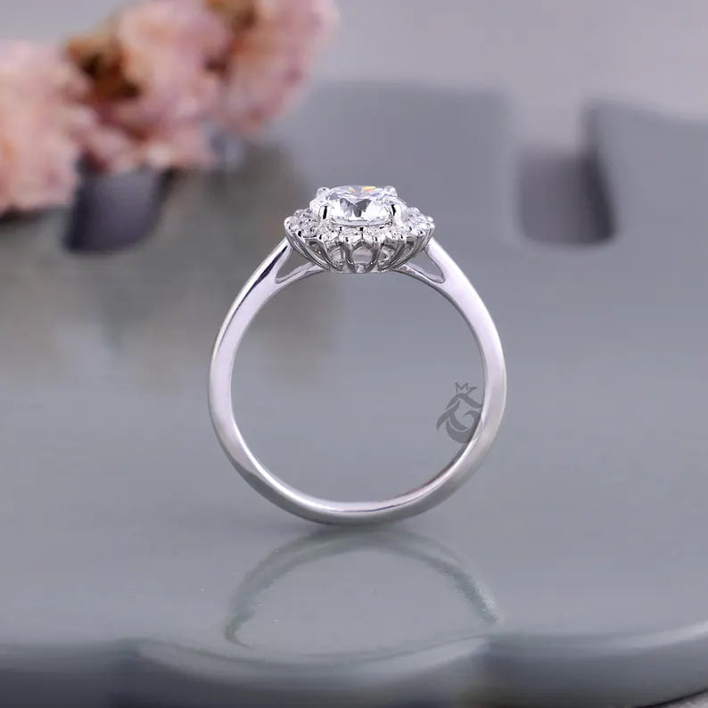 Sunburst Halo Lab Diamond Ring, 1.03 CT Cluster Engagement Ring for Women