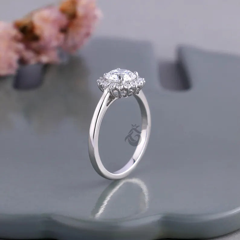 Sunburst Halo Lab Diamond Ring, 1.03 CT Cluster Engagement Ring for Women