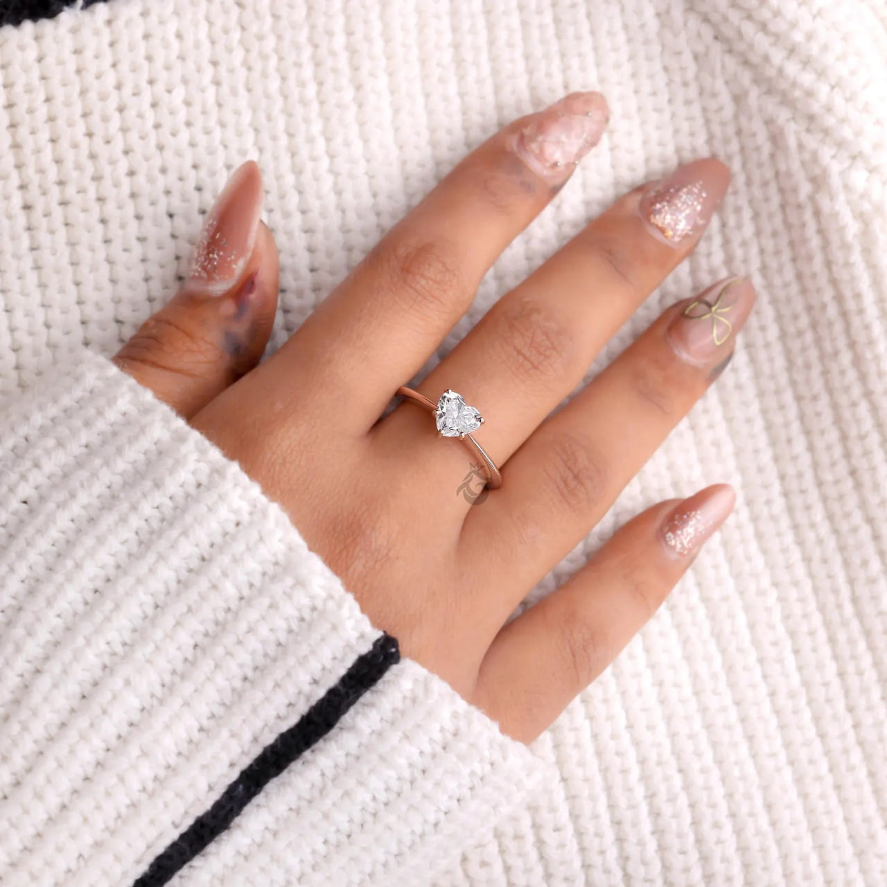 Heart Cut Lab Diamond Solitaire Ring, 14K Rose Gold Engagement Band