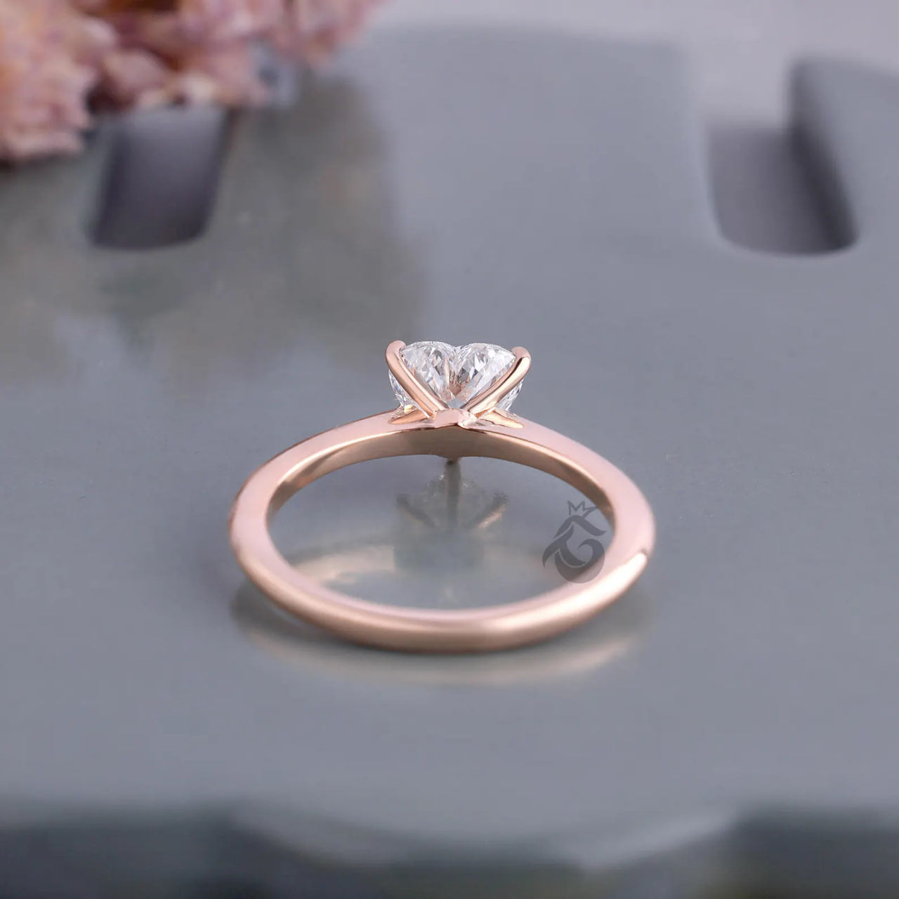 Heart Cut Lab Diamond Solitaire Ring, 14K Rose Gold Engagement Band