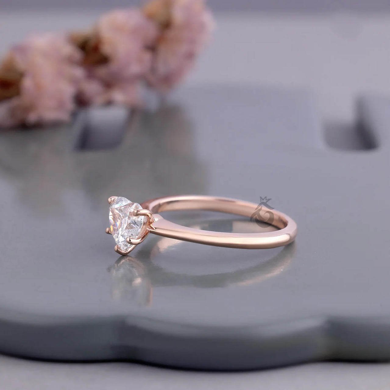 Heart Cut Lab Diamond Solitaire Ring, 14K Rose Gold Engagement Band