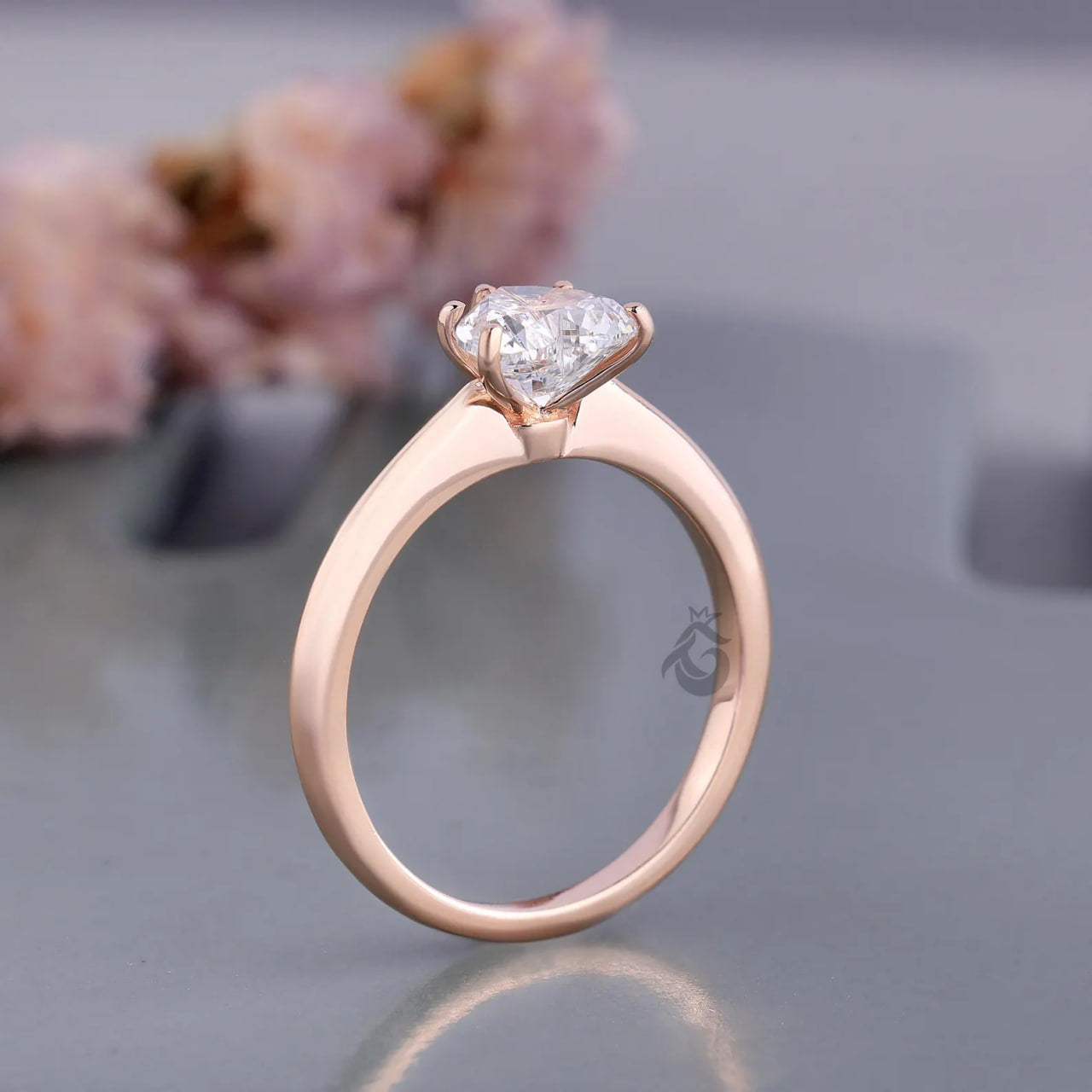Heart Cut Lab Diamond Solitaire Ring, 14K Rose Gold Engagement Band