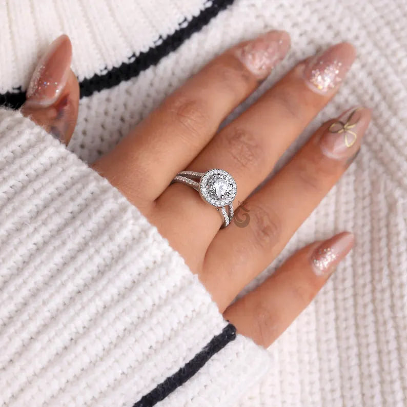 Vintage Halo Lab Diamond Ring, Split Shank Pave Engagement Ring