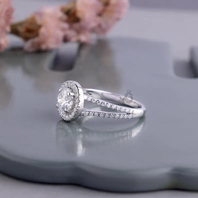 Vintage Halo Lab Diamond Ring, Split Shank Pave Engagement Ring