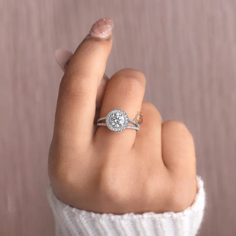 Vintage Halo Lab Diamond Ring, Split Shank Pave Engagement Ring