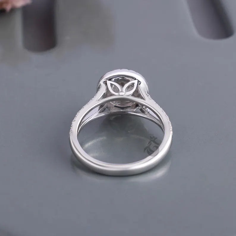 Vintage Halo Lab Diamond Ring, Split Shank Pave Engagement Ring