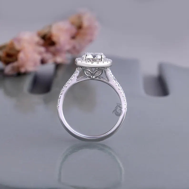 Vintage Halo Lab Diamond Ring, Split Shank Pave Engagement Ring