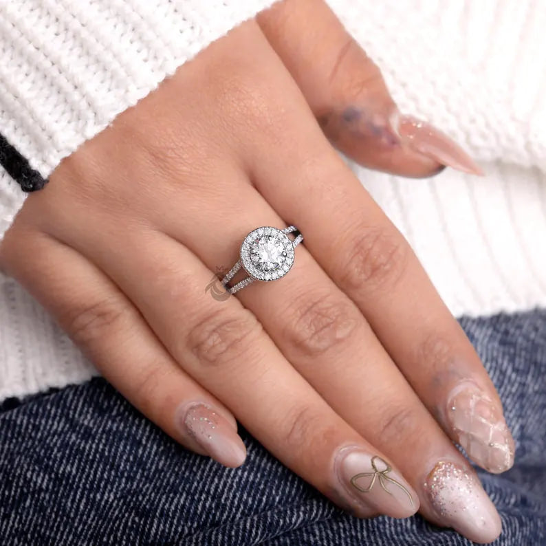 Vintage Halo Lab Diamond Ring, Split Shank Pave Engagement Ring