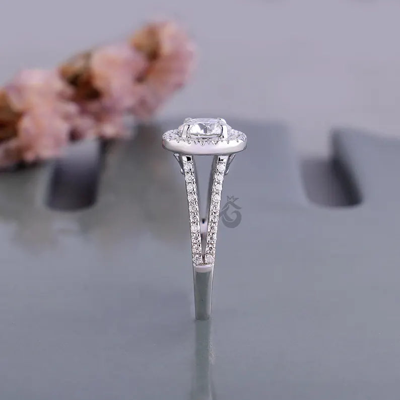 Vintage Halo Lab Diamond Ring, Split Shank Pave Engagement Ring