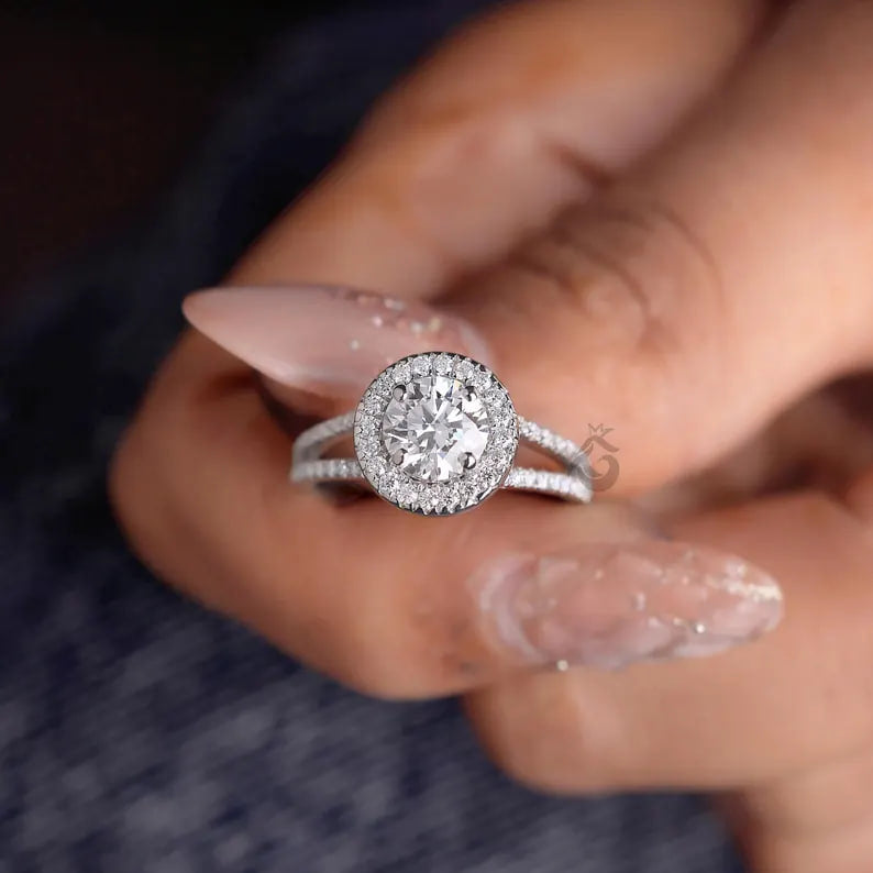Vintage Halo Lab Diamond Ring, Split Shank Pave Engagement Ring