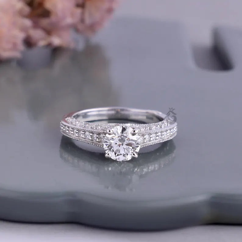1.03 CT Lab Diamond Vintage Engagement Ring, Mil grain Pave Bridal Ring