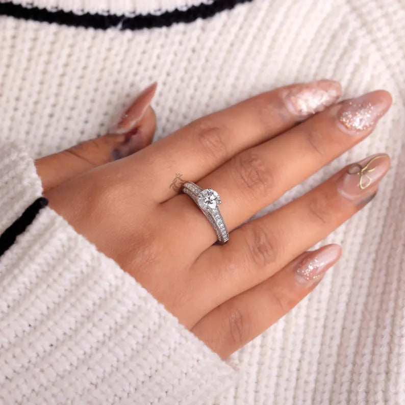 1.03 CT Lab Diamond Vintage Engagement Ring, Mil grain Pave Bridal Ring