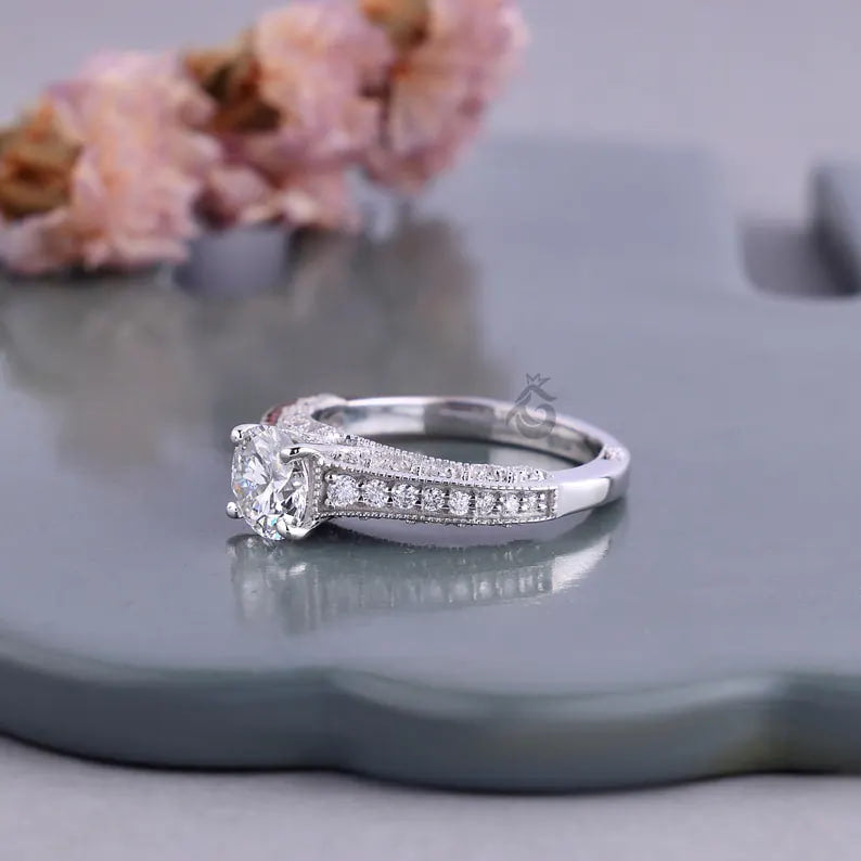 1.03 CT Lab Diamond Vintage Engagement Ring, Mil grain Pave Bridal Ring