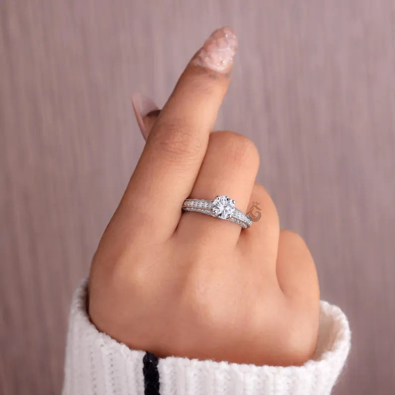 1.03 CT Lab Diamond Vintage Engagement Ring, Mil grain Pave Bridal Ring