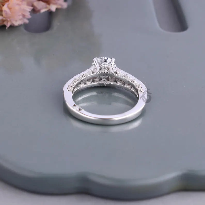 1.03 CT Lab Diamond Vintage Engagement Ring, Mil grain Pave Bridal Ring