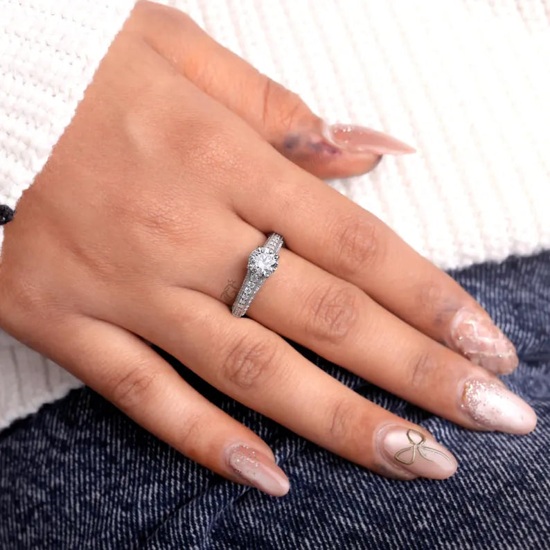 1.03 CT Lab Diamond Vintage Engagement Ring, Mil grain Pave Bridal Ring
