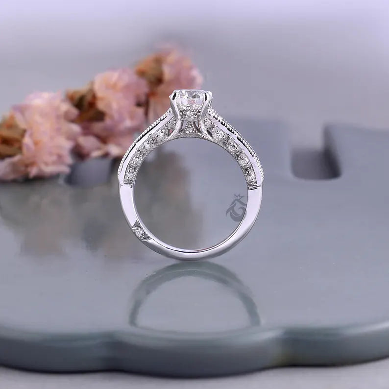 1.03 CT Lab Diamond Vintage Engagement Ring, Mil grain Pave Bridal Ring