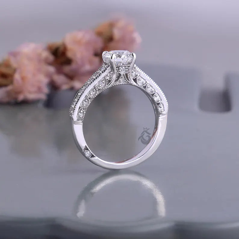 1.03 CT Lab Diamond Vintage Engagement Ring, Mil grain Pave Bridal Ring