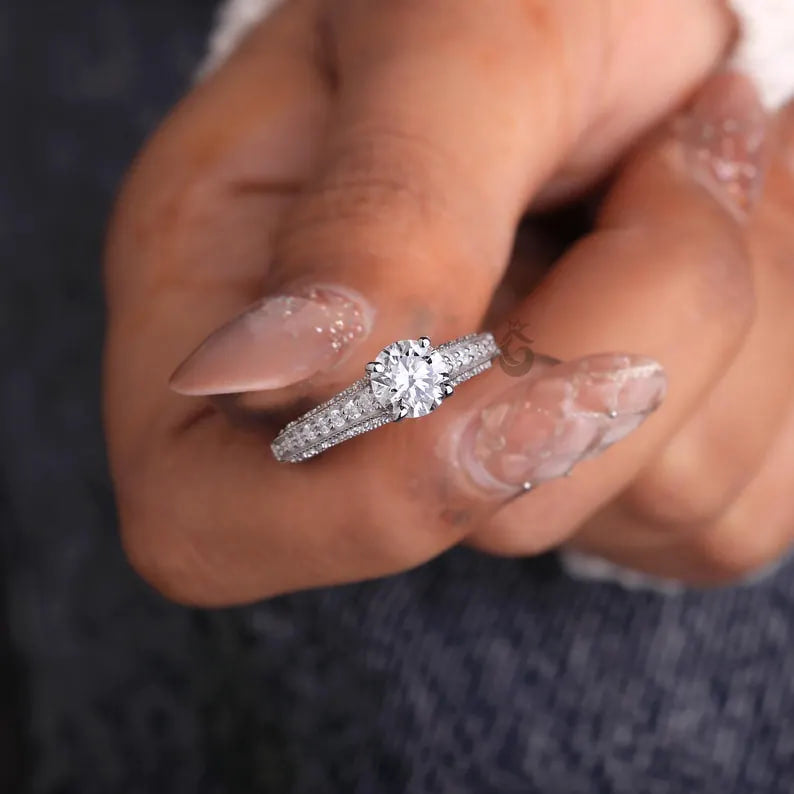 1.03 CT Lab Diamond Vintage Engagement Ring, Mil grain Pave Bridal Ring