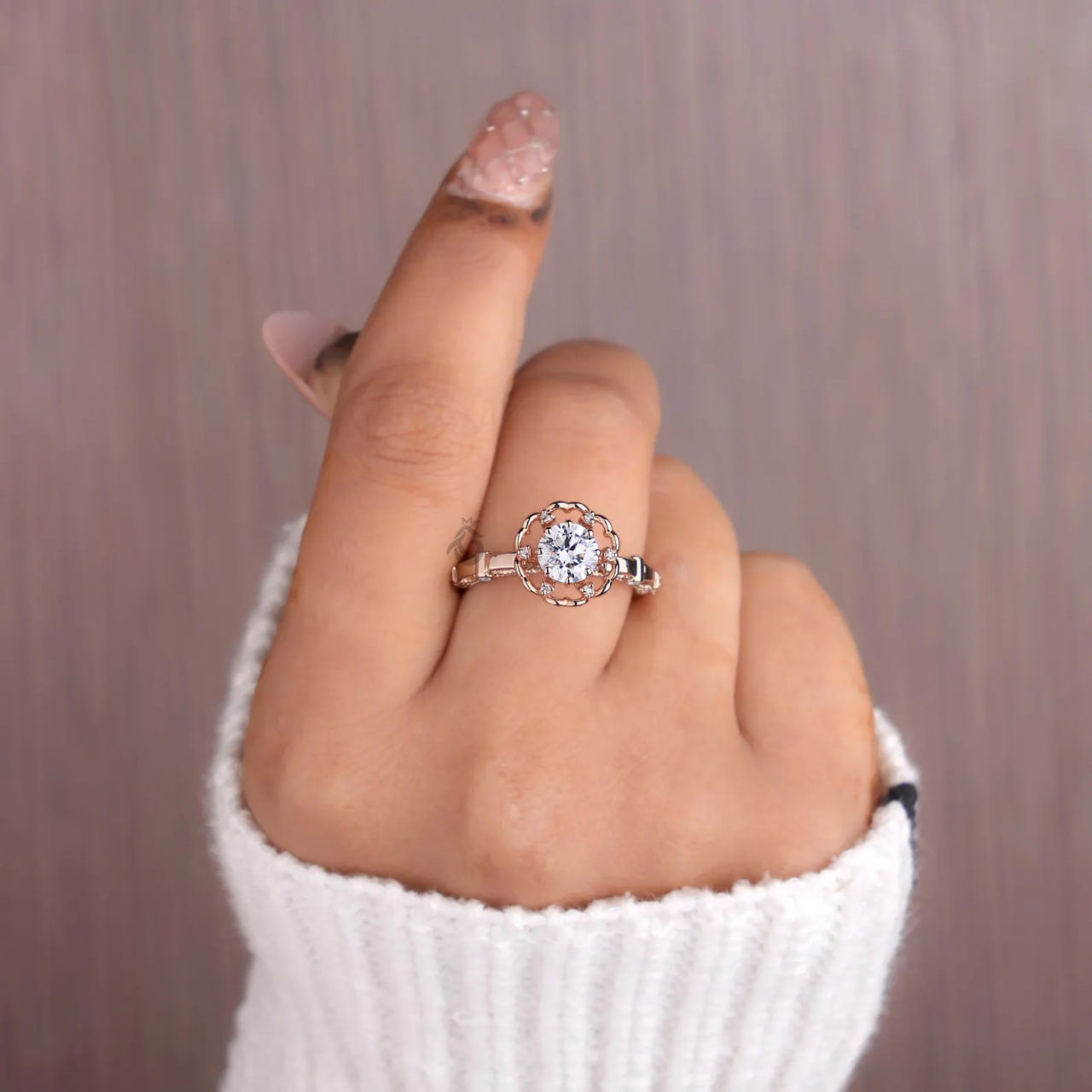 Floral Lab Diamond Engagement Ring, Rose Gold Petal Art Deco Ring