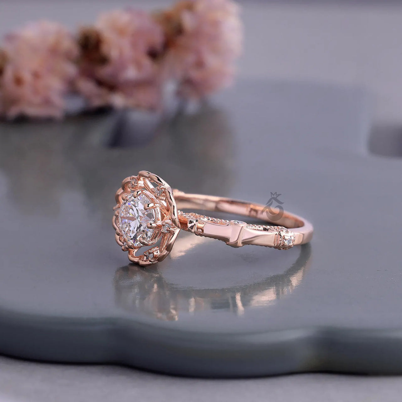 Floral Lab Diamond Engagement Ring, Rose Gold Petal Art Deco Ring