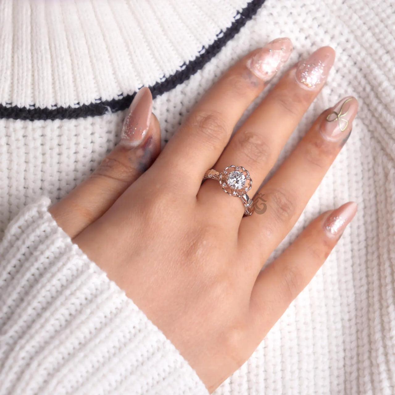 Floral Lab Diamond Engagement Ring, Rose Gold Petal Art Deco Ring