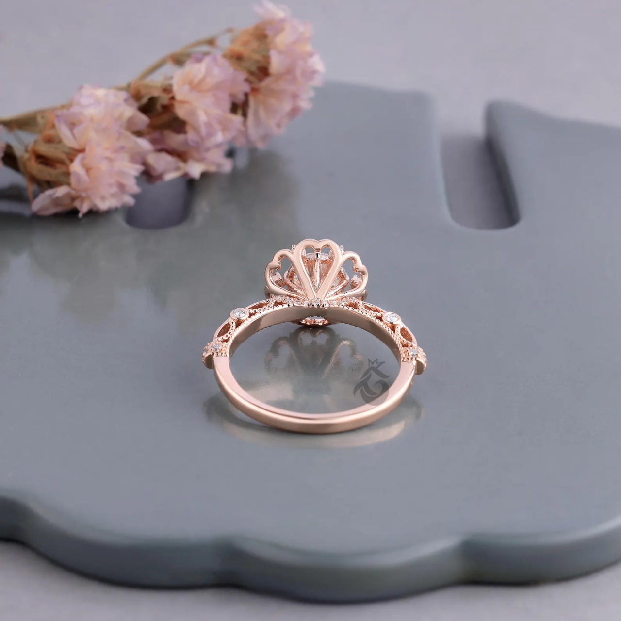 Floral Lab Diamond Engagement Ring, Rose Gold Petal Art Deco Ring