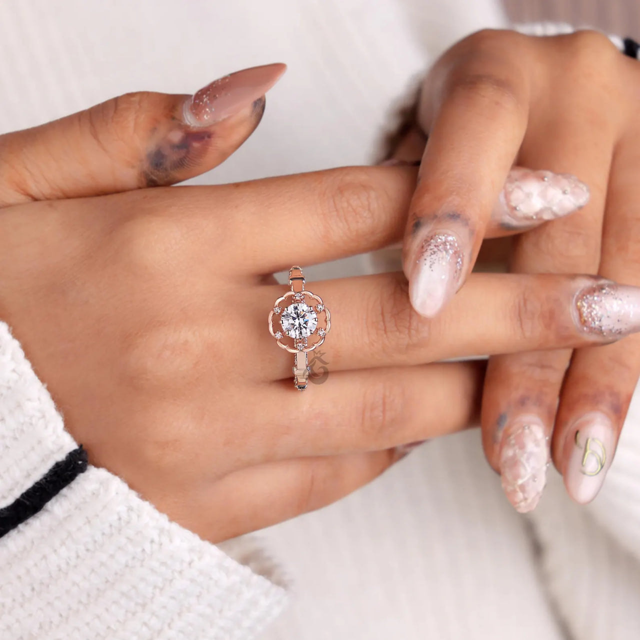 Floral Lab Diamond Engagement Ring, Rose Gold Petal Art Deco Ring